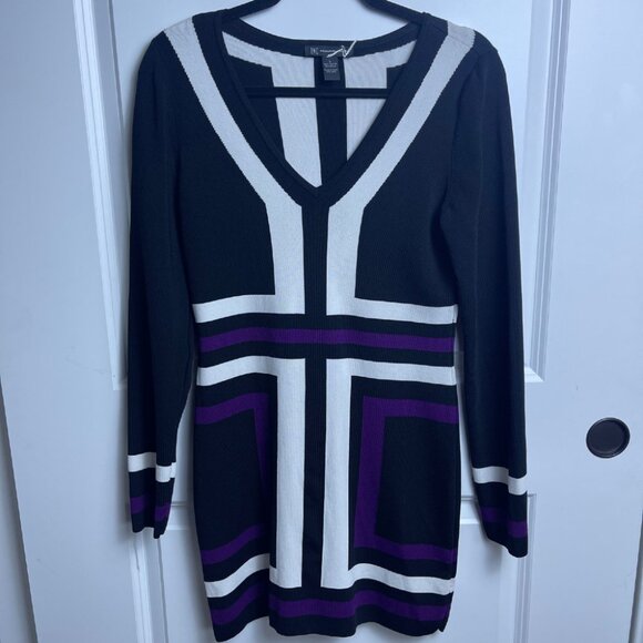 INC International Concepts Dresses & Skirts - INC V-Neck Sheath Mini Dress Blk/Purple Geo Design SZ-L